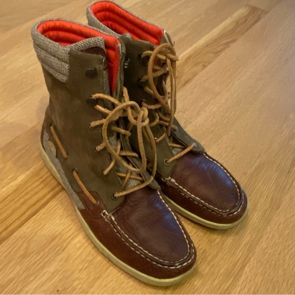 Sperry Womens Lace Up Ankle Boots Olive Green & Brown Leather / Size 7.5 - Picture 2 of 9